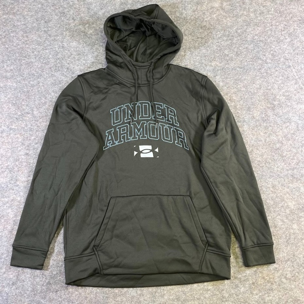 Under Armour Mens Hoodie Size L Loose Logo Pullover Spellout Fleece Gray Blue